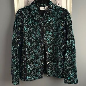 Chico's Vibrant Black and Teal Swirl Blazer